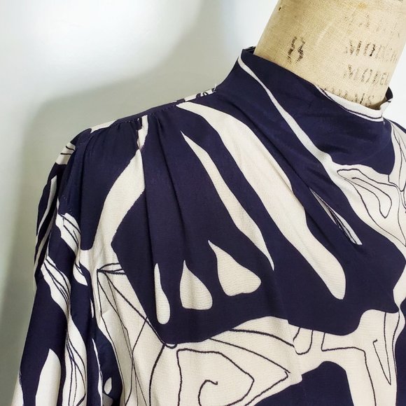 ZARA Womens Abstract Printed Cut-out Midriff Midi Dress Navy/Off-White S NWT - Picture 8 of 14